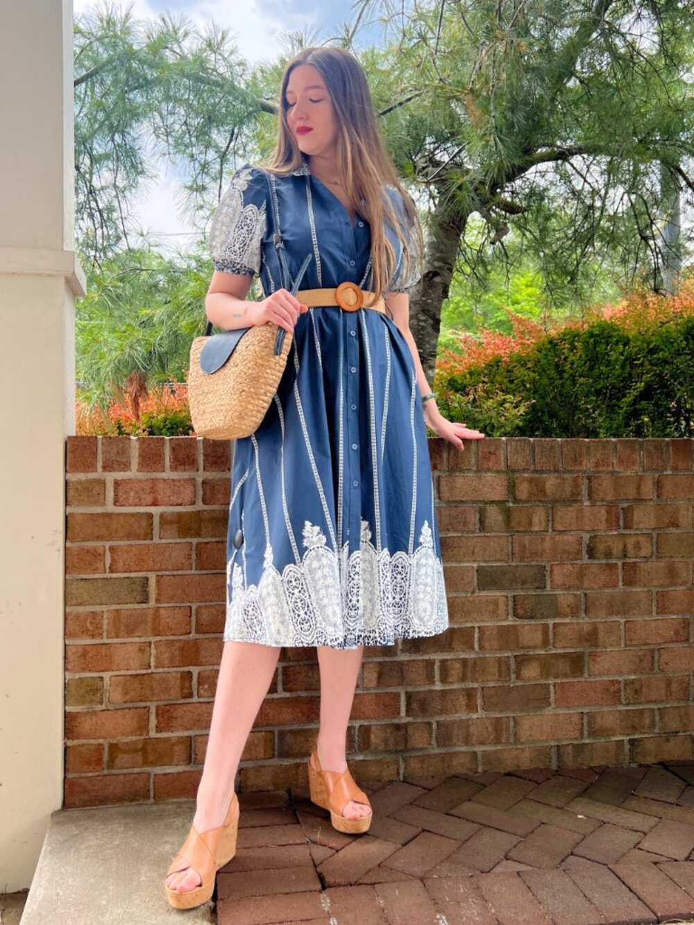 Midnight Blue Novelty Border Print Button Front Belted Dress
